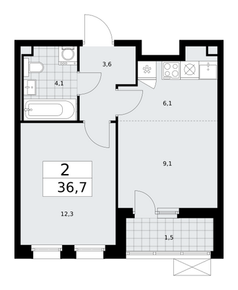 36,7 м², 2-комн. квартира, 2/14 этаж