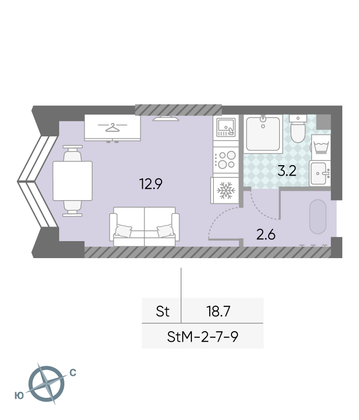 18,7 м², студия, 8/43 этаж