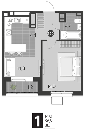 Продажа 1-комнатной квартиры 38,1 м², 4/21 этаж