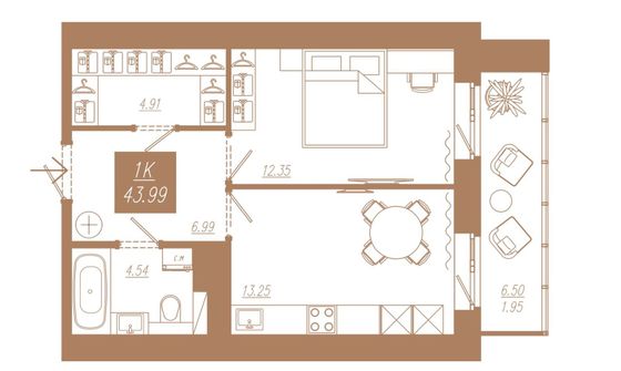 Продажа 1-комнатной квартиры 43,7 м², 22/23 этаж