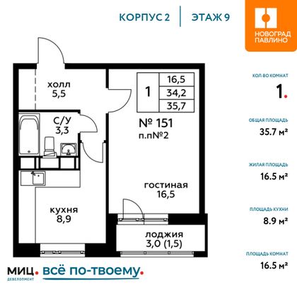 Продажа 1-комнатной квартиры 35,7 м², 9/20 этаж