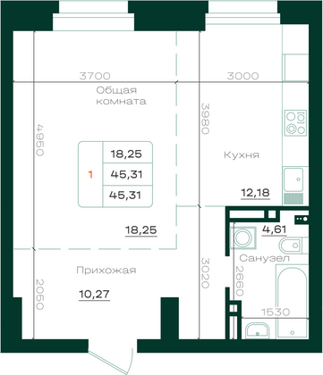 Продажа 1-комнатной квартиры 45,3 м², 2/21 этаж