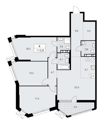 112,8 м², своб. планировка, 18/21 этаж