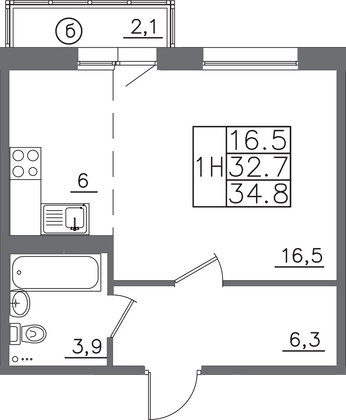 34,8 м², 1-комн. квартира, 2/14 этаж