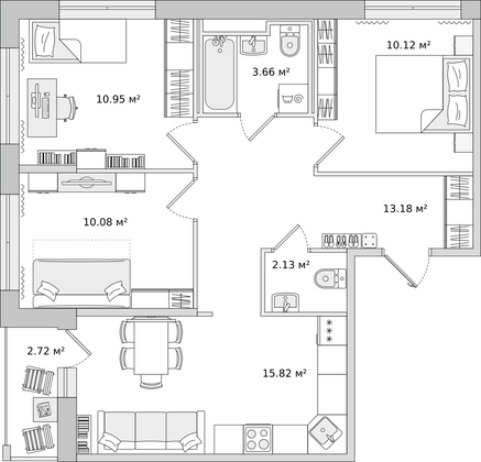 65,9 м², 3-комн. квартира, 8/15 этаж