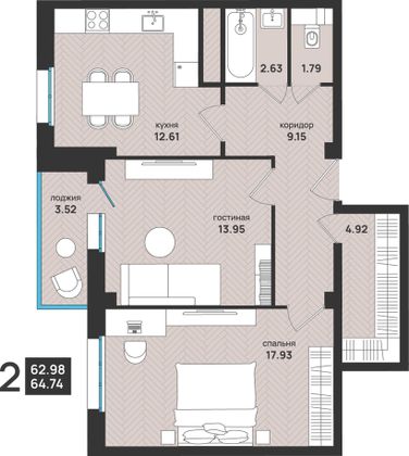 64,7 м², 2-комн. квартира, 10/13 этаж