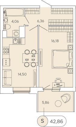 42,9 м², 1-комн. квартира, 12/12 этаж