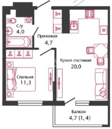 Продажа 1-комнатной квартиры 41,7 м², 22/23 этаж