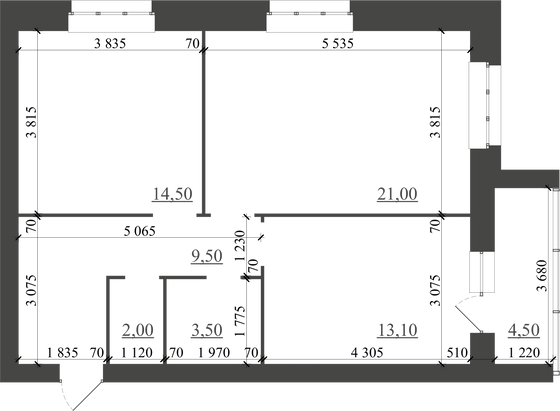 68,1 м², 2-комн. квартира, 1/6 этаж