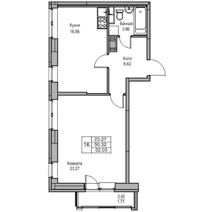 Продажа 1-комнатной квартиры 50,3 м², 19/23 этаж