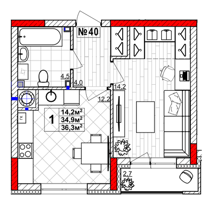 Продажа 1-комнатной квартиры 36,3 м², 1/4 этаж