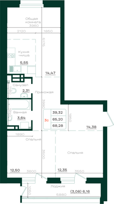 Продажа 3-комнатной квартиры 68,3 м², 5/21 этаж