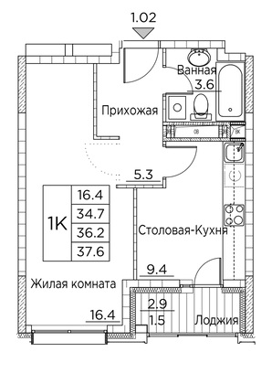 37,6 м², 1-комн. квартира, 16/23 этаж