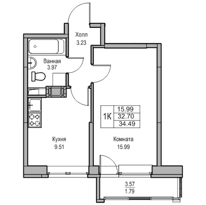 Продажа 1-комнатной квартиры 32,7 м², 20/23 этаж