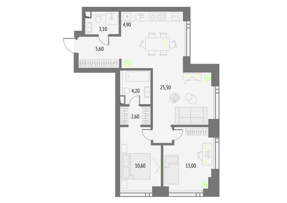 69,5 м², 2-комн. квартира, 31/55 этаж