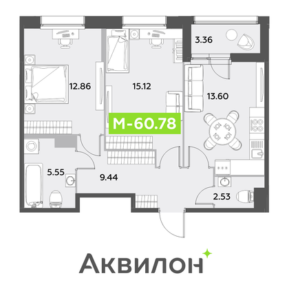 60,8 м², 2-комн. квартира, 4/12 этаж