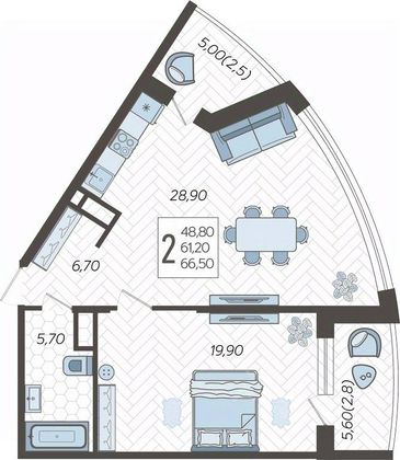 Продажа 2-комнатной квартиры 66,5 м², 3/16 этаж