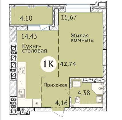 Продажа 1-комнатной квартиры 42 м², 15/23 этаж