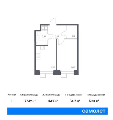 37,7 м², 1-комн. квартира, 16/23 этаж