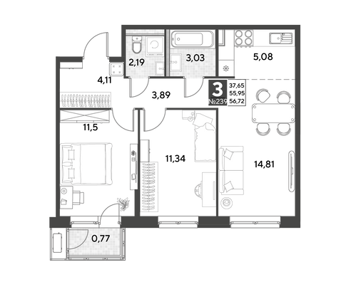 Продажа 3-комнатной квартиры 56,7 м², 7/25 этаж