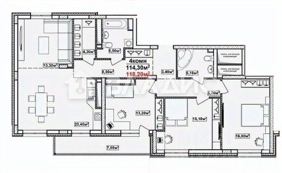 Продажа 3-комнатной квартиры 113,9 м², 16/18 этаж