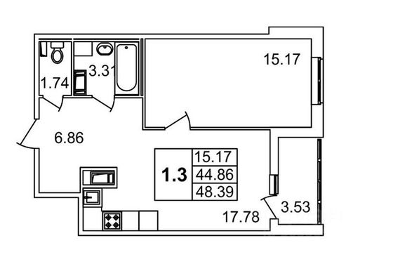 Продажа 1-комнатной квартиры 48,4 м², 5/14 этаж