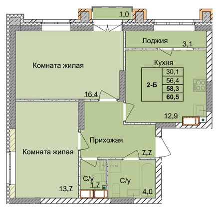 Продажа 2-комнатной квартиры 58,3 м², 15/18 этаж