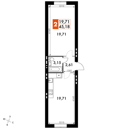 45,2 м², 1-комн. квартира, 2/4 этаж