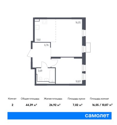 44,4 м², 1-комн. квартира, 24/24 этаж