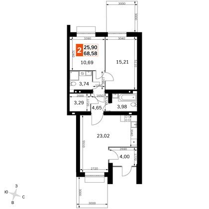 68,6 м², 2-комн. квартира, 1/4 этаж