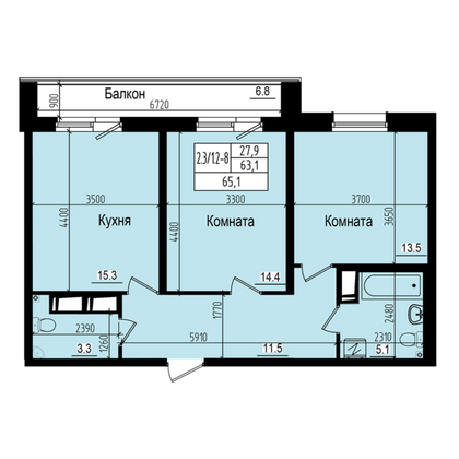 65,1 м², 2-комн. квартира, 5/23 этаж