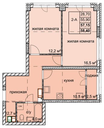 Продажа 2-комнатной квартиры 57,2 м², 7/15 этаж