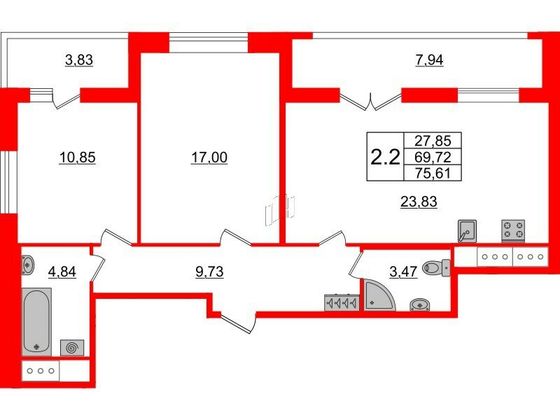 Продажа 2-комнатной квартиры 69,7 м², 11/18 этаж