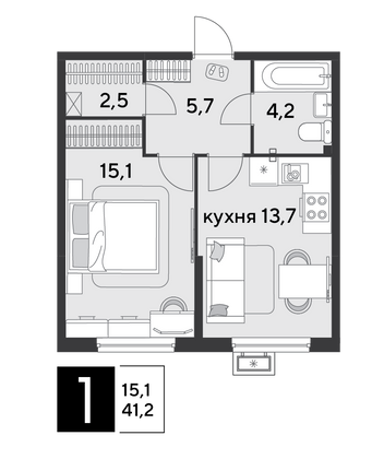 Продажа 1-комнатной квартиры 41,2 м², 2/9 этаж