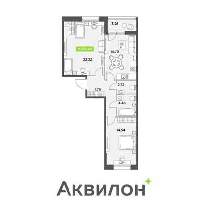 68,2 м², 2-комн. квартира, 1/12 этаж