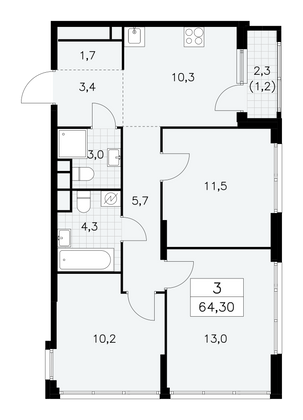 64,3 м², 3-комн. квартира, 30/30 этаж