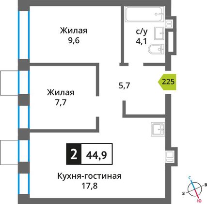 Продажа 2-комнатной квартиры 44,9 м², 7/9 этаж