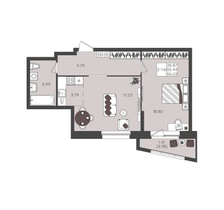 Продажа 2-комнатной квартиры 56,6 м², 11/22 этаж