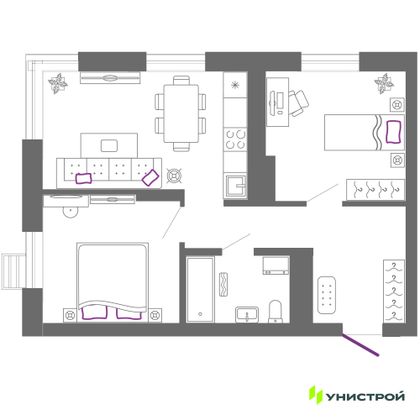 52,5 м², 2-комн. квартира, 22/27 этаж