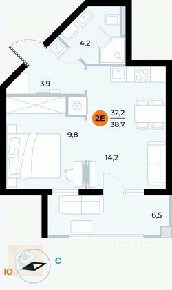 Продажа 1-комнатной квартиры 38,7 м², 3/7 этаж