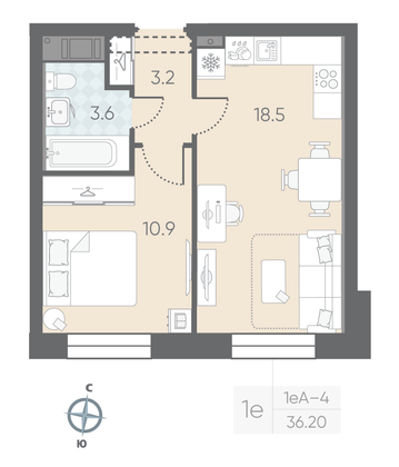 Продажа 1-комнатной квартиры 36,2 м², 4/10 этаж