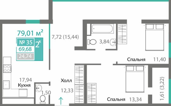 69,7 м², 2-комн. квартира, 6/10 этаж