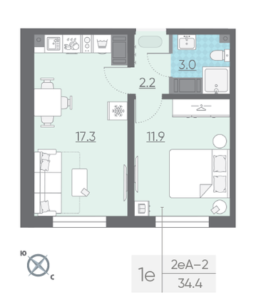 Продажа 1-комнатной квартиры 34,4 м², 4/25 этаж