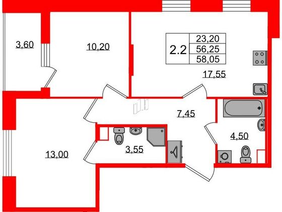 Продажа 2-комнатной квартиры 56,3 м², 2/12 этаж