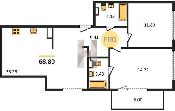 Продажа 2-комнатной квартиры 68,8 м², 3/8 этаж