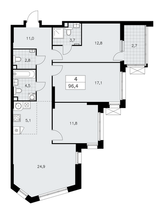 96,4 м², своб. планировка, 2/21 этаж