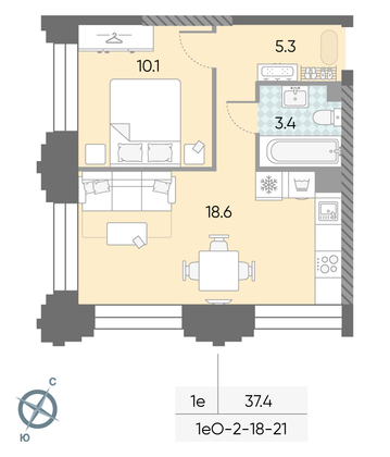 37,4 м², 1-комн. квартира, 18/43 этаж