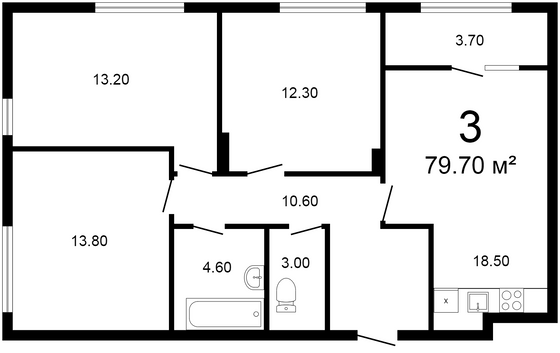 79,5 м², 3-комн. квартира, 1/10 этаж