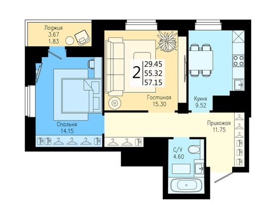 Продажа 2-комнатной квартиры 57,2 м², 25/25 этаж