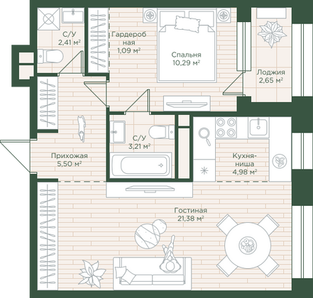 50,2 м², 1-комн. квартира, 17/24 этаж